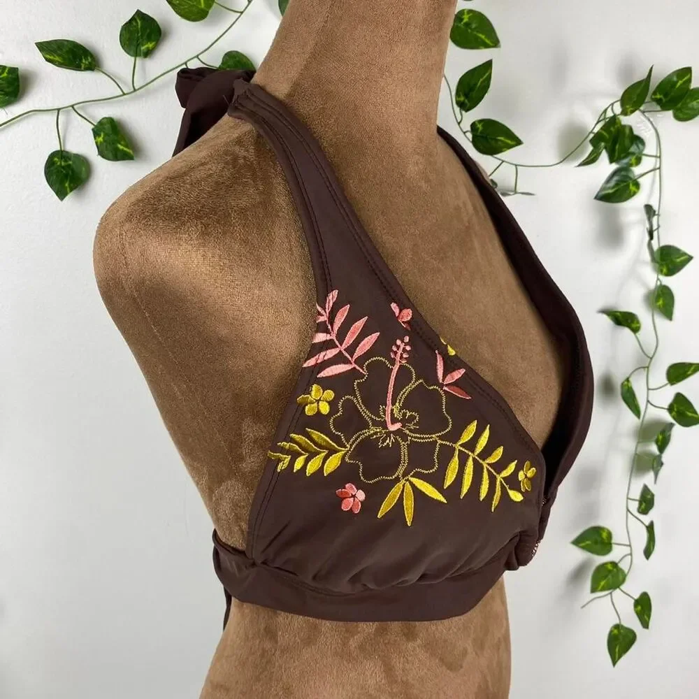 True Y2k embroidered beaded bikini halter top tie adjustable fairy brown pink